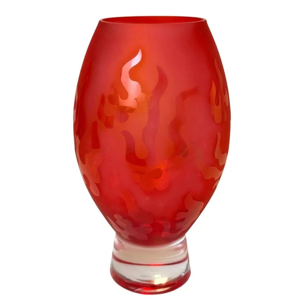 Vintage‎ Memphis Style Glass Vase Red Frosted Flame Etched 10x6x3 80s 90s Art